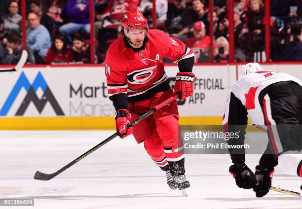 Justin Williams of the Carolina Hurricanes watches a play develop during an NHL game on March 26, 2016 at PNC Arena in Raleigh, North Carolina.
