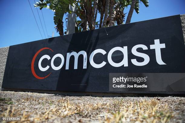 Comcast sign is seen as the U.S. Media group submitted a $30.7 billion bid for Sky on April 25, 2018 in Miami, Florida. Sky, a British TV provider,...