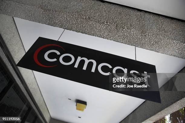 Comcast sign is seen as the U.S. Media group submitted a $30.7 billion bid for Sky on April 25, 2018 in Miami, Florida. Sky, a British TV provider,...