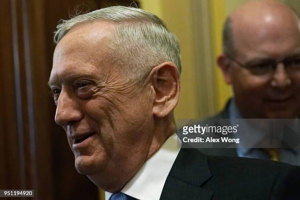 Secretary of Defense Jim Mattis arrives at a closed hearing before the Defense Subcommittee of the House Appropriations Committee April 25, 2018 at...