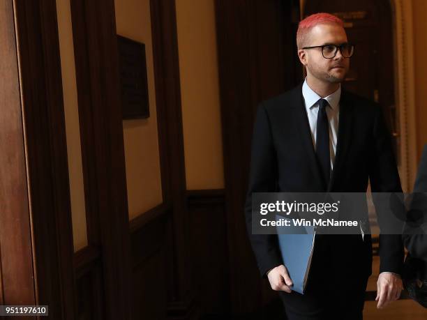 Former Cambridge Analytica employee Christopher Wylie arrives at the U.S. Capitol for a meeting with Democratic members of the House Intelligence...