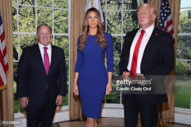 Sean Spicer reveals the first Madame Tussauds Melania Trump figure at the launch of the "Give Melania A Voice" Experience at Madame Tussauds on April...