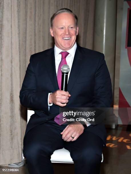 Sean Spicer reveals the first Madame Tussauds Melania Trump figure at the launch of the "Give Melania A Voice" Experience at Madame Tussauds on April...