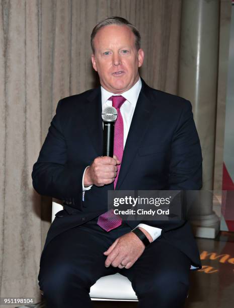 Sean Spicer reveals the first Madame Tussauds Melania Trump figure at the launch of the "Give Melania A Voice" Experience at Madame Tussauds on April...