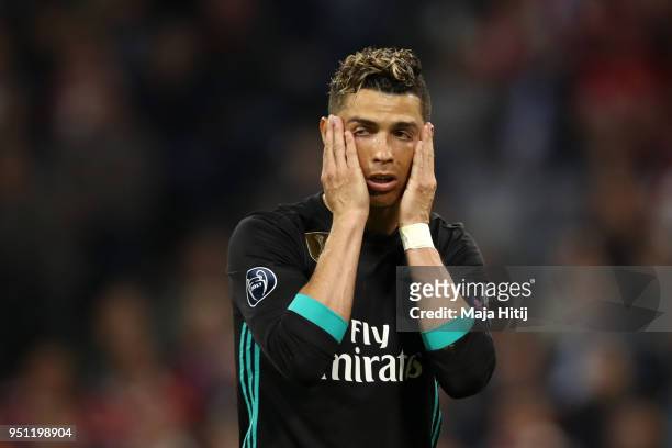 Cristiano Ronaldo of Real Madrid looks dejected during the UEFA Champions League Semi Final First Leg match between Bayern Muenchen and Real Madrid...