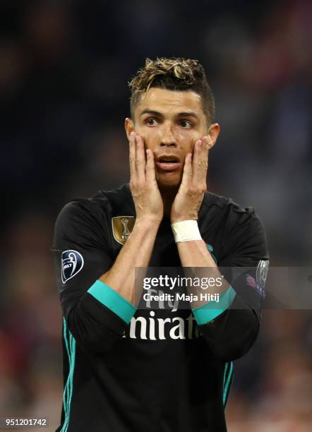 Cristiano Ronaldo of Real Madrid looks dejected during the UEFA Champions League Semi Final First Leg match between Bayern Muenchen and Real Madrid...