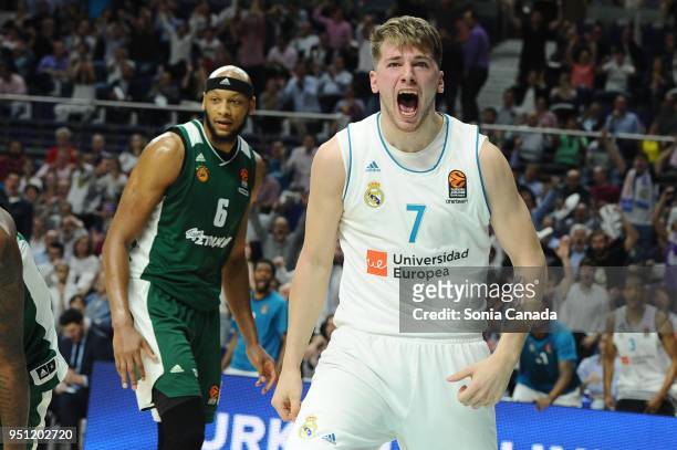 Luka Doncic, #7 guard of Real Madrid during the 2017/2018 Turkish Airlines Euroleague Play Off Leg Three between Real Madrid v Panathinaikos...