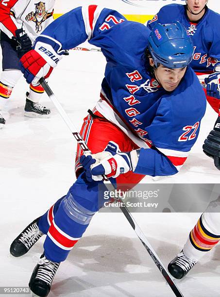 Brian Boyle of the New York Rangers skates for the puck against the Florida Panthers on December 23, 2009 at Madison Square Garden in New York City.