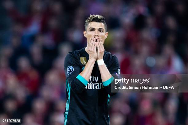 Christiano Ronaldo of Madrid reacts during the UEFA Champions League Semi Final First Leg match between Bayern Muenchen and Real Madrid at the...