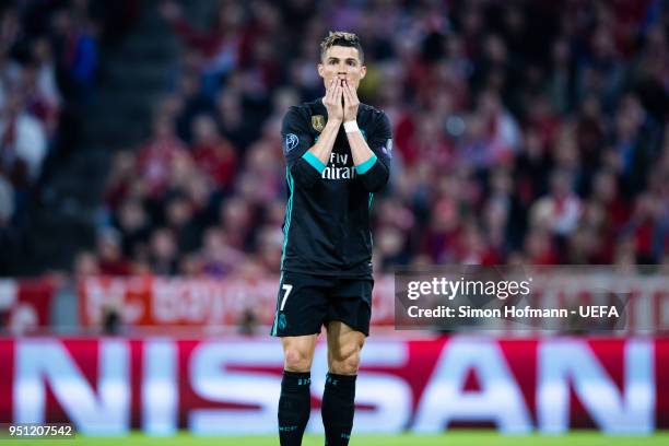 Christiano Ronaldo of Madrid reacts during the UEFA Champions League Semi Final First Leg match between Bayern Muenchen and Real Madrid at the...