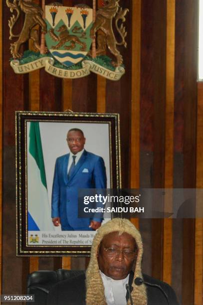 Newly-elected speaker of the 5th Sierra Leone Parliament, Dr. Abass Chernor Bundu presides over the parliament's opening session on April 25, 2018 in...