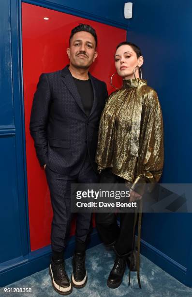 Osman Yousefzada and Rose McGowan attend the House Of Osman launch party supported by Peroni Ambra on April 25, 2018 in London, England.
