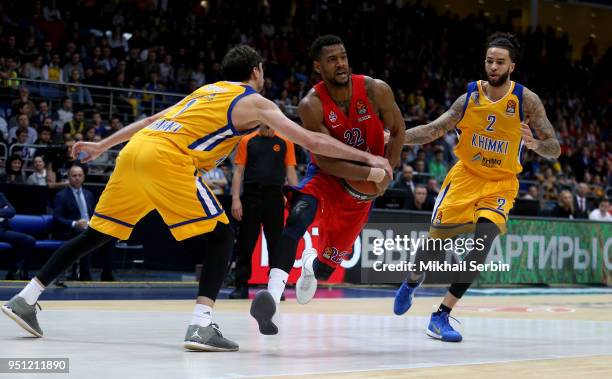 Cory Higgins, #22 of CSKA Moscow competes with Alexey Shved, #1 of Khimki Moscow Region in action during the Turkish Airlines Euroleague Play Offs...