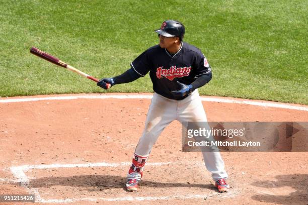 Jose Ramirez of the Cleveland Indians prepares for a pitch during a baseball game against the Baltimore Orioles at Oriole Park at Camden Yards on...