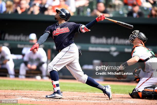 Rajai Davis of the Cleveland Indians takes a swing during a baseball game against the Baltimore Orioles at Oriole Park at Camden Yards on April 22,...