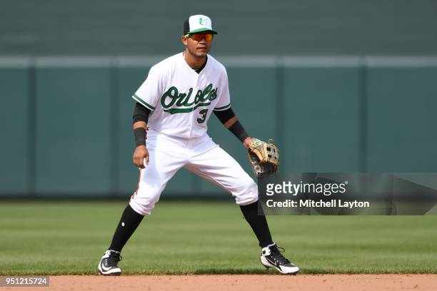 Luis Sardinas of the Baltimore Orioles looks on during a baseball game against the Cleveland Indians at Oriole Park at Camden Yards on April 22, 2018...