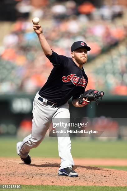 Cody Allen of the Cleveland Indians pitches during a baseball game against the Baltimore Orioles at Oriole Park at Camden Yards on April 22, 2018 in...