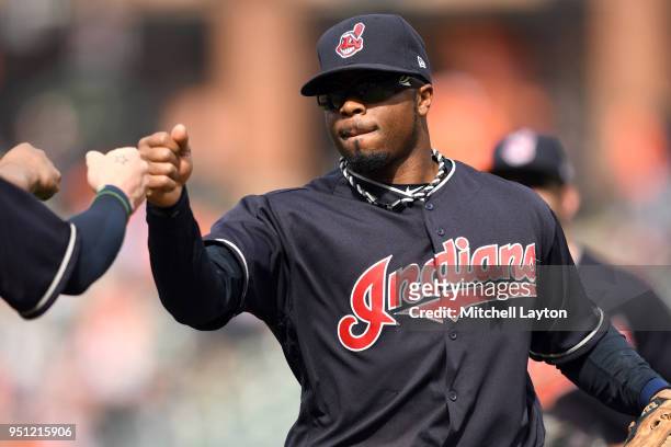 Rajai Davis of the Cleveland Indians celebrates a win after a baseball game against the Baltimore Orioles at Oriole Park at Camden Yards on April 22,...