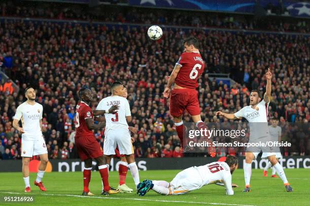 Dejan Lovren of Liverpool hits the bar with a header during the UEFA Champions League Semi Final First Leg match between Liverpool and A.S. Roma at...