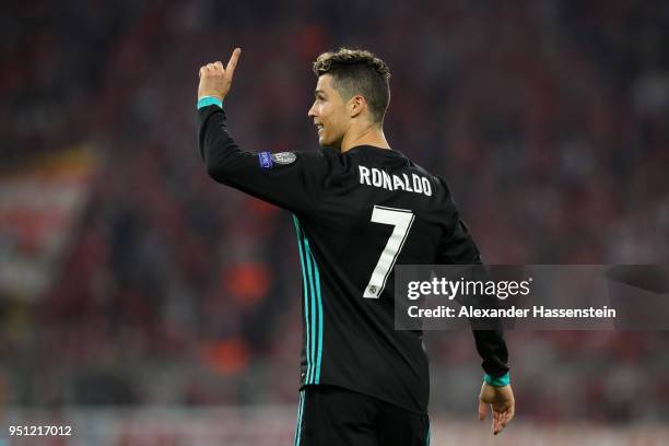 Cristiano Ronaldo of Real Madrid queastions the officials decision after having a goal dissalowed during the UEFA Champions League Semi Final First...