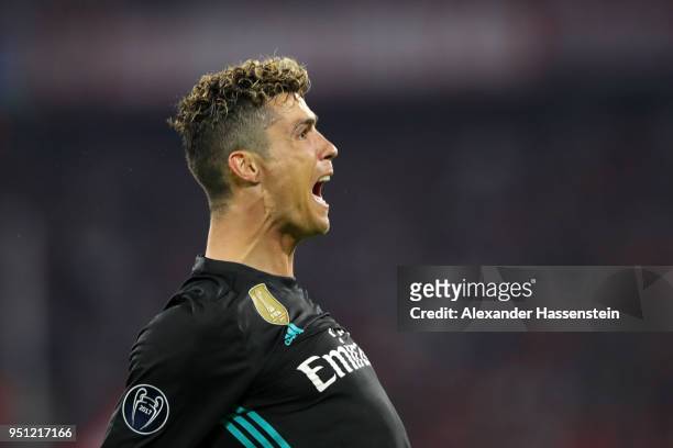 Cristiano Ronaldo of Real Madrid queastions the officials decision after having a goal dissalowed during the UEFA Champions League Semi Final First...