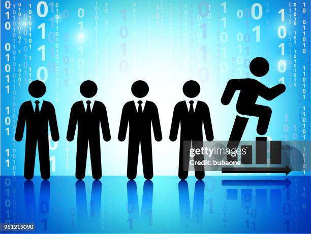 business and progress on binary code blue background - businessman drawing progress graph stock illustrations