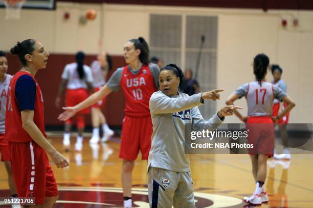 Dawn Staley of USA Basketball Women's National Team directs Diana Taurasi during training camp on April 24, 2018 at Seattle Pacific University in...