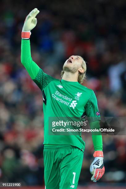 Liverpool goalkeeper Loris Karius celebrates their 4th goal during the UEFA Champions League Semi Final First Leg match between Liverpool and A.S....