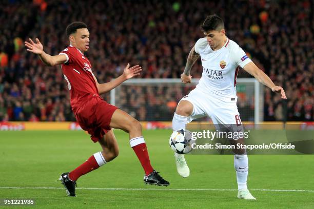 Diego Perotti of Roma battles with Trent Alexander-Arnold of Liverpool during the UEFA Champions League Semi Final First Leg match between Liverpool...