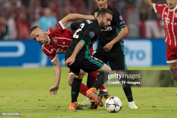 Franck Ribery of Bayern Muenchen and Daniel Carvajal of Real Madrid battle for the ball during the UEFA Champions League Semi Final First Leg match...