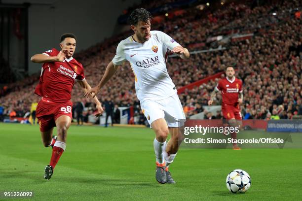 Kevin Strootman of Roma battles with Trent Alexander-Arnold of Liverpool during the UEFA Champions League Semi Final First Leg match between...