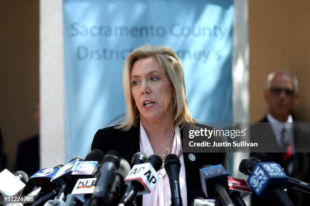 Sacramento district attorney Anne Marie Schubert announces the arrest of accused rapist and killer Joseph James DeAngelo during a news conference on...