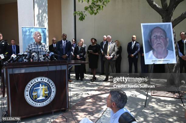 Bruce Harrington, whose brother and sister-in-law were allegedly killed in Dana Point, California by the East Area Rapist, speaks during a news...