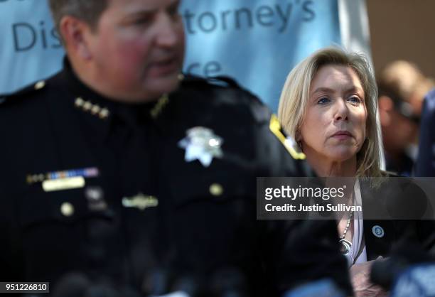 Sacramento district attorney Anne Marie Schubert looks on as sheriff Scott Jones speaks during a news conference on April 25, 2018 in Sacramento,...