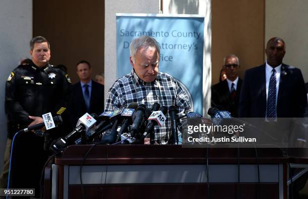 Bruce Harrington, whose brother and sister-in-law were allegedly killed in Dana Point, California by the East Area Rapist, speaks during a news...