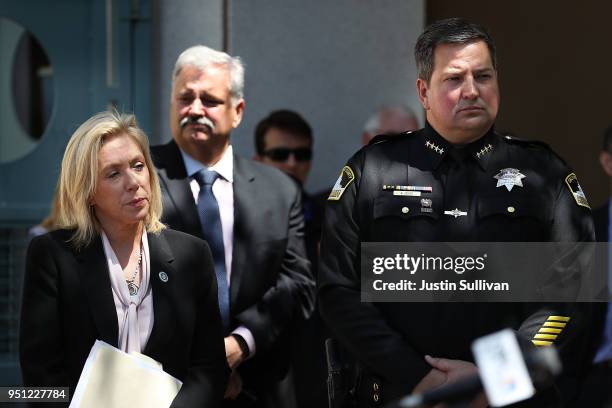 Sacramento sheriff Scott Jones and Sacramento district attorney Anne Marie Schubert look on during a news conference on April 25, 2018 in Sacramento,...
