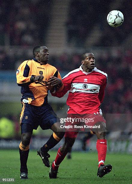 Emile Heskey of Liverpool challenges Ugo Ehiogu of Middlesbrough during the FA Carling Premiership game at the Riverside Stadium in Middlesbrough,...