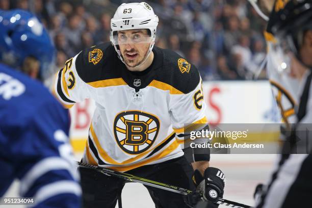 Brad Marchand of the Boston Bruins waits for a puck drop against the Toronto Maple Leafs in Game Six of the Eastern Conference First Round in the...