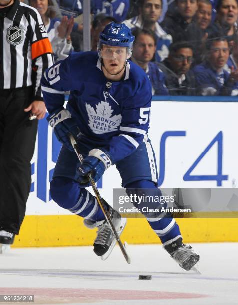 Jake Gardiner of the Toronto Maple Leafs skates with the puck against the Boston Bruins in Game Six of the Eastern Conference First Round in the 2018...