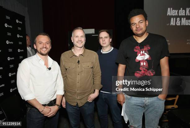 Sebastian Tomich, Tim Ganss, Joshua Carr, and Alex da Kid attend the "Future of Film" during the 2018 Tribeca Film Festival at Spring Studios on...