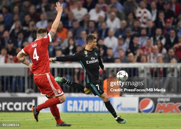 Cristiano Ronaldo of Real Madrid in action during the UEFA Champions League Semi Final First Leg match between Bayern Muenchen and Real Madrid at the...