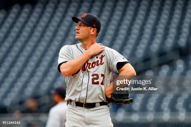 Jordan Zimmermann of the Detroit Tigers reacts after allowing a two run home run in the second inning against the Pittsburgh Pirates during game one...