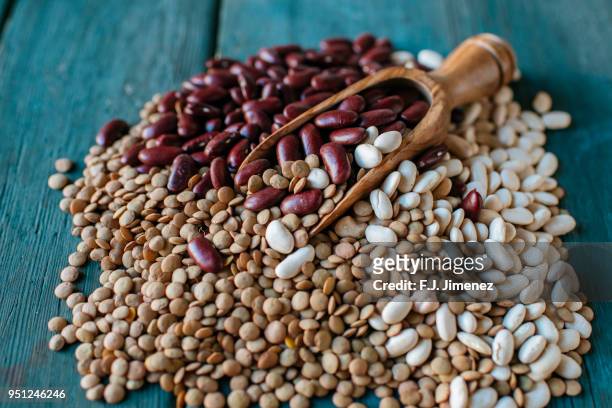 lentils, red and white beans on blue wood - bean stock pictures, royalty-free photos & images