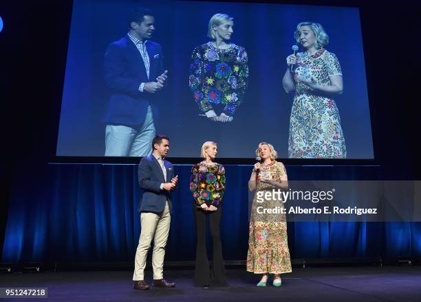 Actors Dave Karger, Saoirse Ronan and director Josie Rourke speak onstage during the CinemaCon 2018- Focus Features Presentation at Caesars Palace...