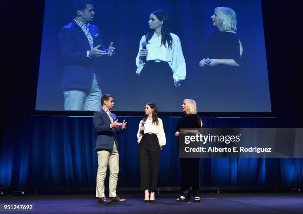 Actors Dave Karger, Felicity Jones and director Mimi Leder speak onstage during the CinemaCon 2018- Focus Features Presentation at Caesars Palace...