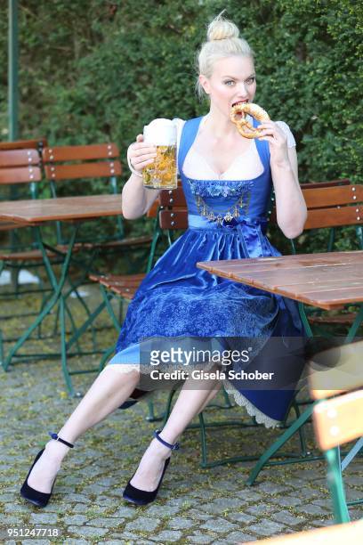 Super model Franziska Knuppe poses during the "Edelweiss Muenchen" dirndl photo session on April 25, 2018 at Restaurant Freizeit in Munich, Germany.