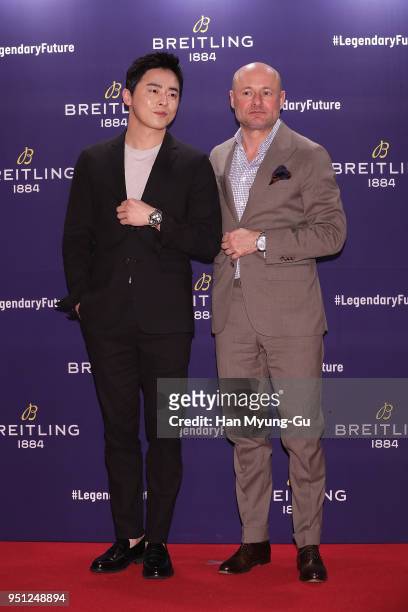 Actor Cho Jung-Seok and Breitling CEO Georges Kern attend the photocall for 'BREITLING' launch on April 25, 2018 in Seoul, South Korea.