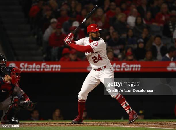 Chris Young of the Los Angeles Angels of Anaheim bats in the second inning during the MLB game against the Boston Red Sox at Angel Stadium on April...