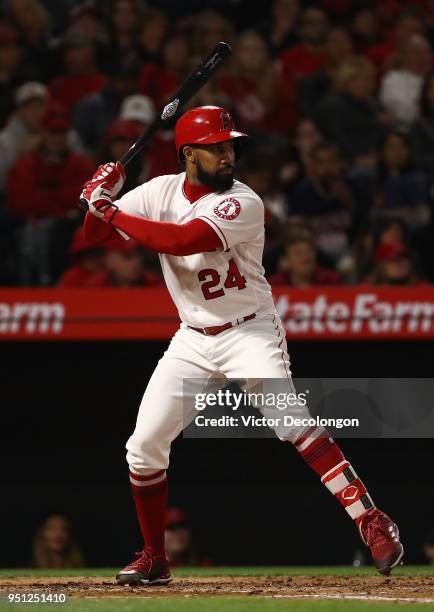 Chris Young of the Los Angeles Angels of Anaheim bats in the second inning during the MLB game against the Boston Red Sox at Angel Stadium on April...