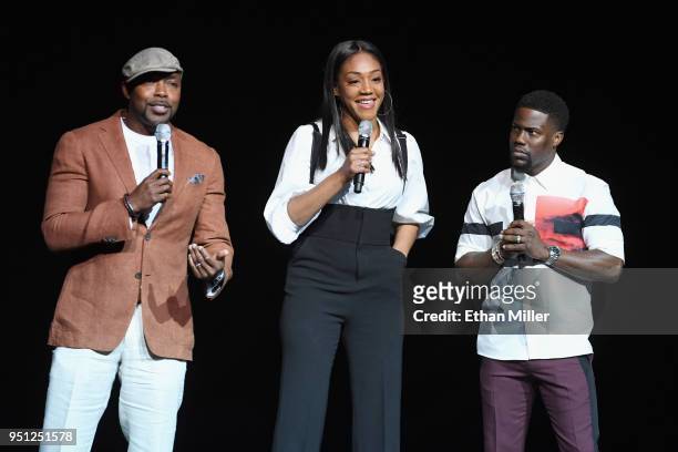 Producer Will Packer, actors Tiffany Haddish and Kevin Hart speak onstage during CinemaCon 2018 Universal Pictures Invites You to a Special...